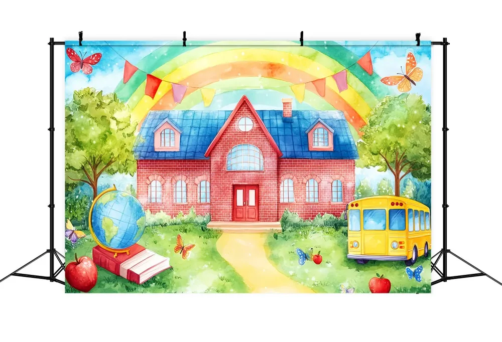 Toile de fond Photo Maternelle Mur en Brique Arc-en-Ciel Cour d’École Illustration Bus Idées Rentrée LXX58-127