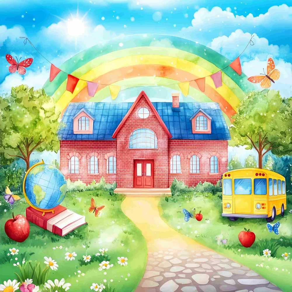Toile de fond Photo Maternelle Mur en Brique Arc-en-Ciel Cour d’École Illustration Bus Idées Rentrée LXX58-127