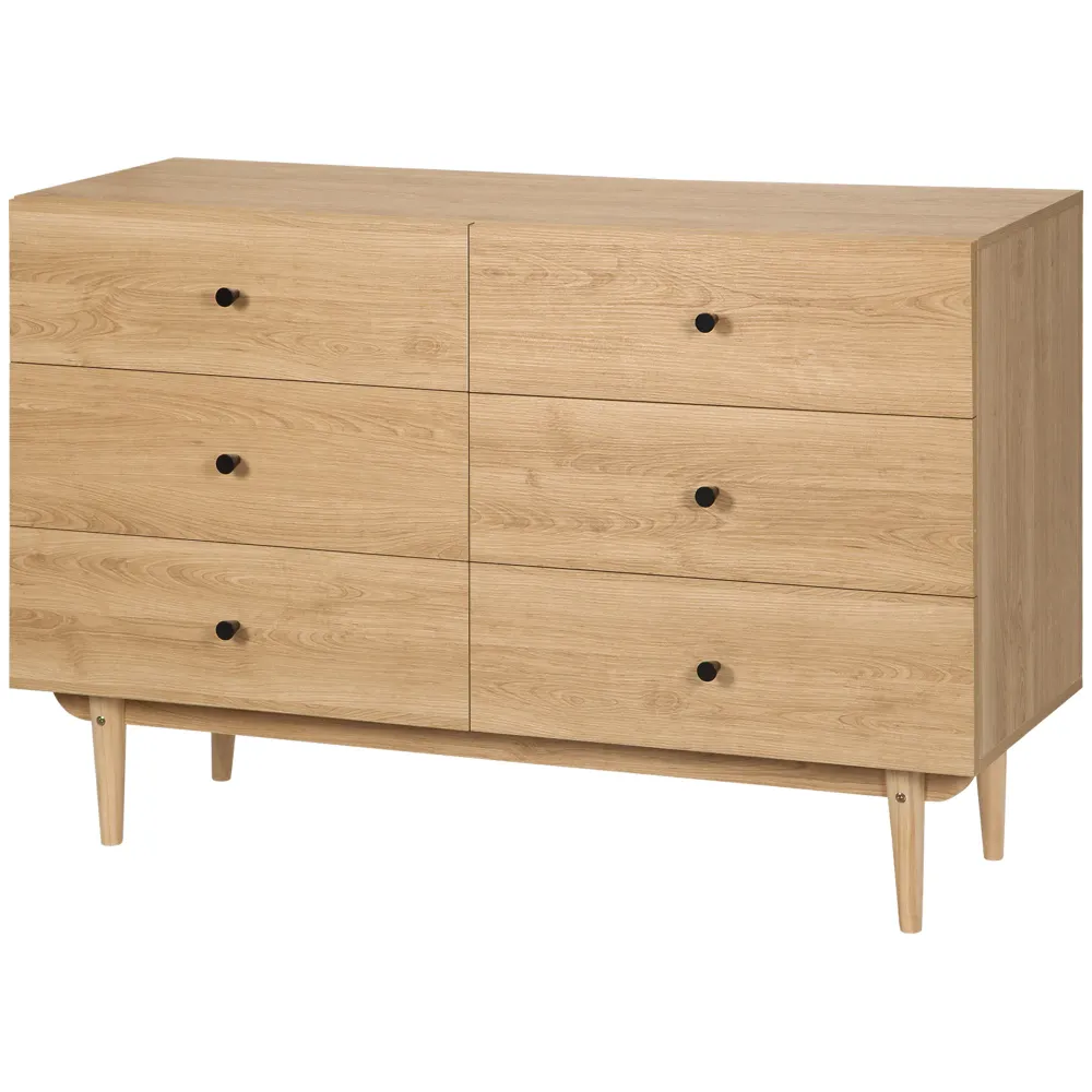 Commode 6 tiroirs meuble de rangement pieds en bois massif 120 x 40 x 80 cm couleur bois avec Garantie 2 Ans