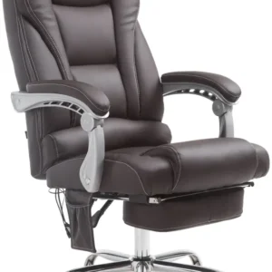 Fauteuil de bureau avec fonction massage repose-pieds en cuir synthétique marron obscur et métal 10_0006931