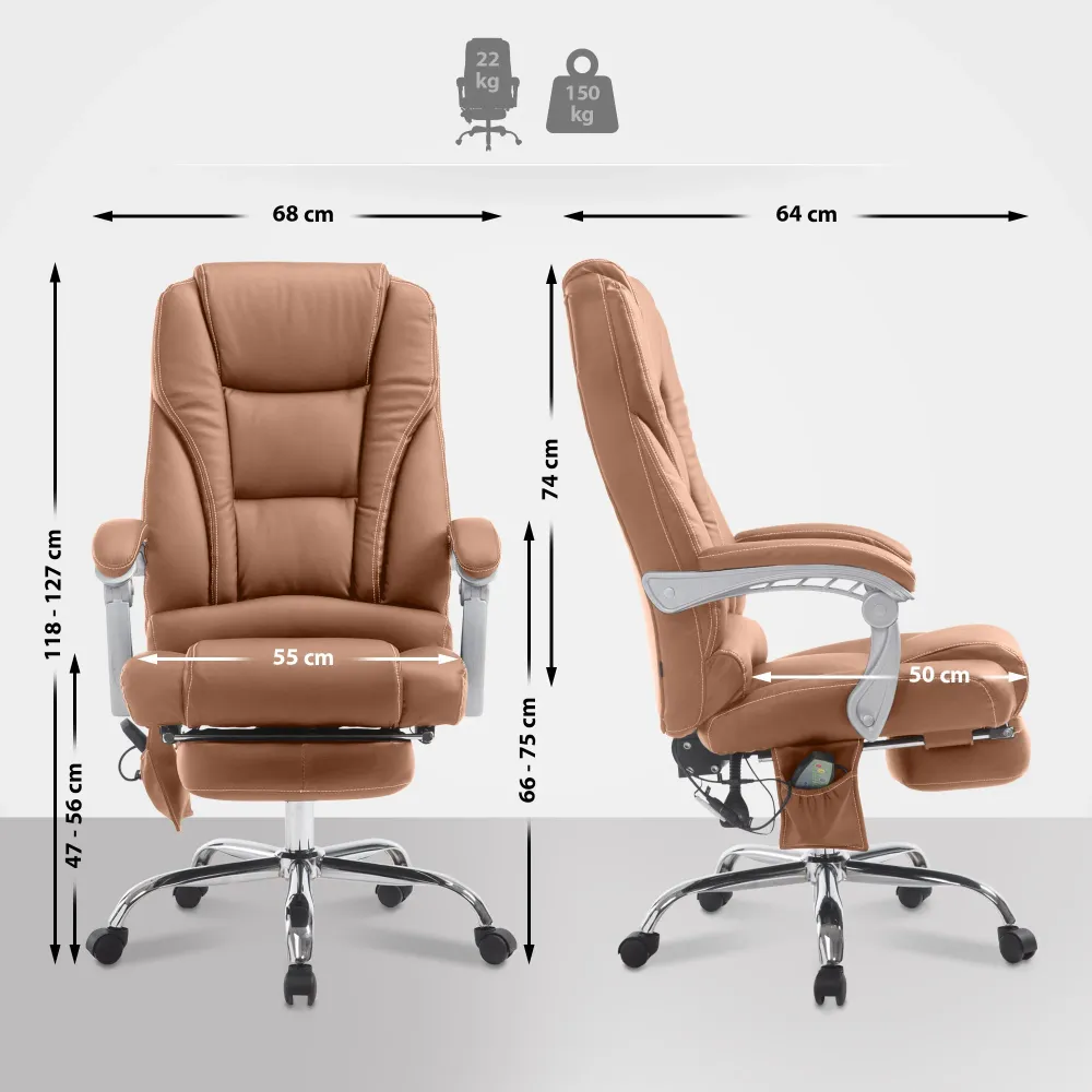 Fauteuil de bureau avec fonction massage repose-pieds en cuir synthétique marron évident et métal 10_0006932
