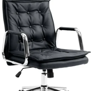 Fauteuil de bureau capitonné rembourrage solide en véritable cuir noir et pieds métal chromé 10_0007105