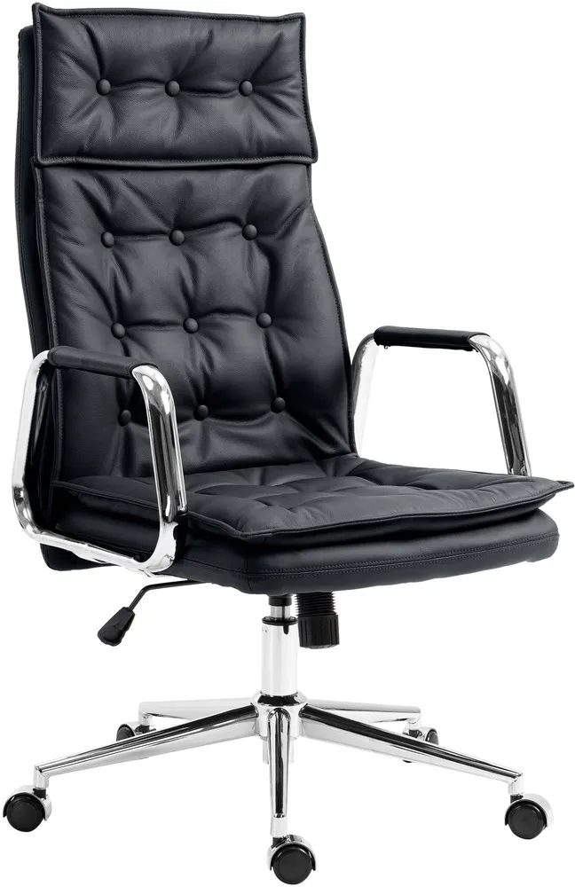Fauteuil de bureau capitonné rembourrage solide en véritable cuir noir et pieds métal chromé 10_0007105