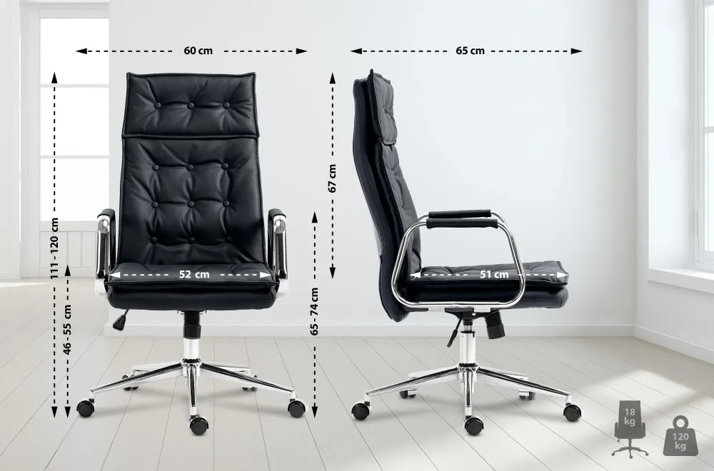 Fauteuil de bureau capitonné rembourrage solide en véritable cuir noir et pieds métal chromé 10_0007105