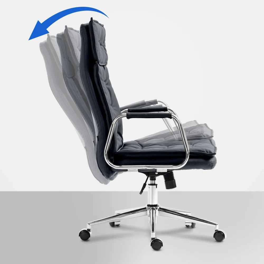 Fauteuil de bureau capitonné rembourrage solide en véritable cuir noir et pieds métal chromé 10_0007105