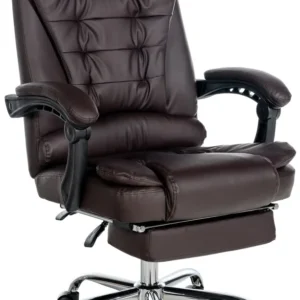 Fauteuil de bureau ergonomique généreusement rembourrée avec repose-pieds en VINYLE marron et métal chromé 10_0002565