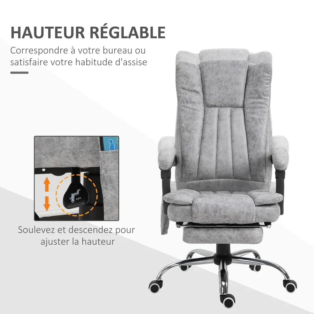 Fauteuil de bureau massant chauffant fauteuil bureau confortable hauteur réglable dossier inclinable repose-pied revêtemen...