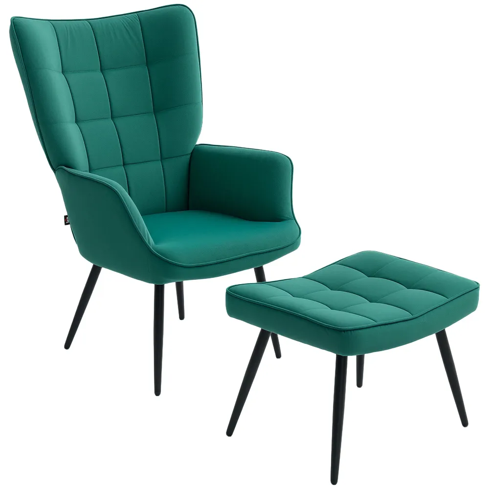 Fauteuil relax avec repose-pieds assorti style scandinave piètement métal noir revêtement aspect velours - Vert pour une o...