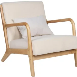 Fauteuil rembourré en tissu microfibre chamois avec pieds en bois massif naturel - Longueur 65 x Profondeur 83 x Hauteur 7...