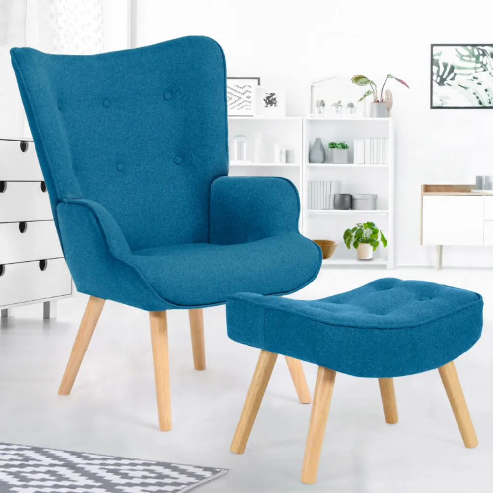 Fauteuil scandinave ivar avec repose pieds bleu canard avec revêtement anti-rayures