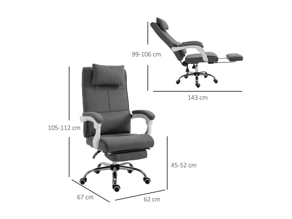 HOMCOM Fauteuil de bureau manager élancé confort repose-pied tétière intégrés dossier inclinable lin gris compatible avec...