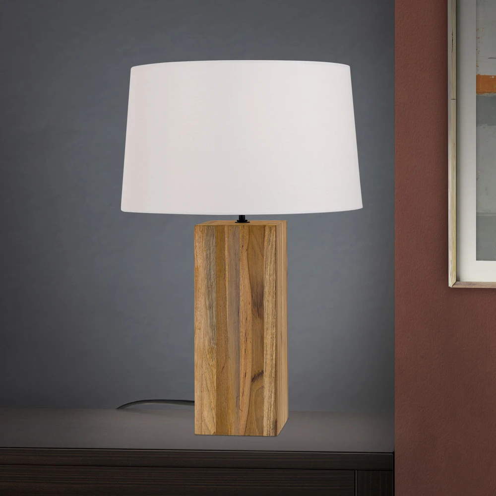 Lampe à poser Dallas pied en bois parallélépipède avec compartiments intégrés