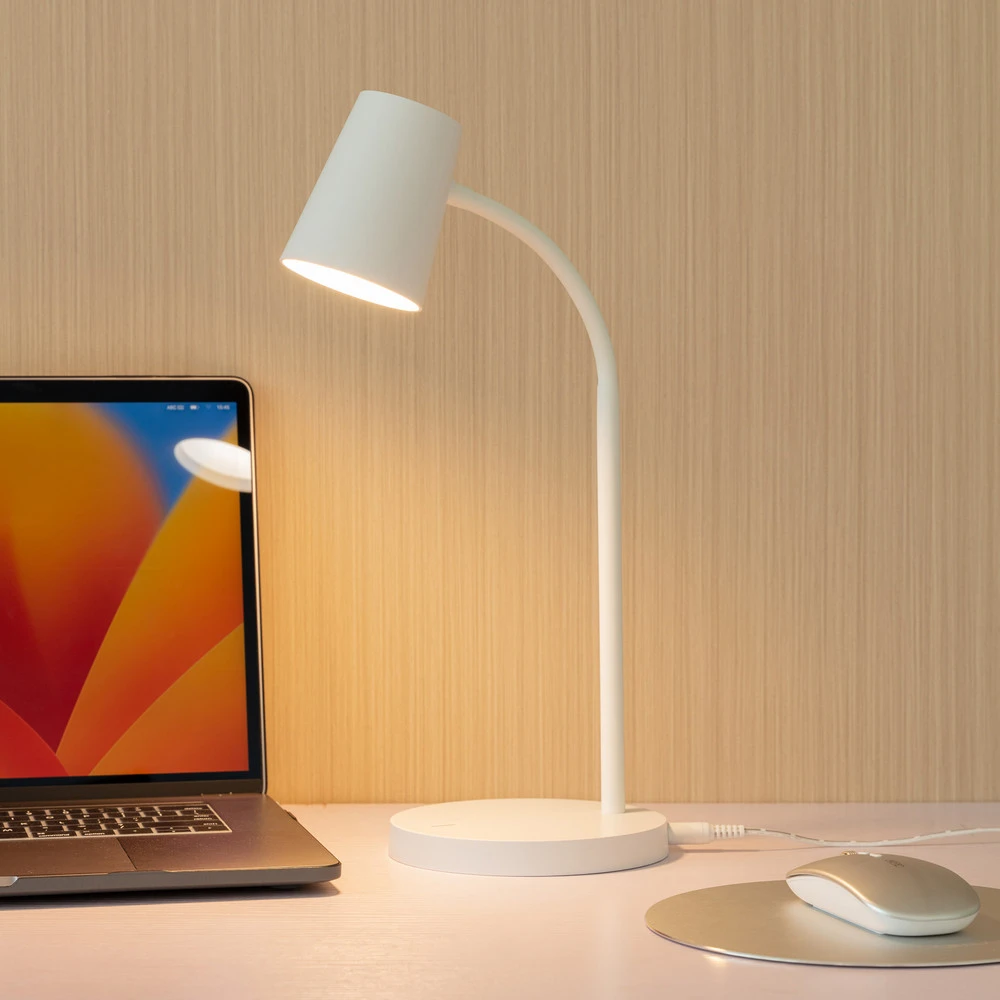 Lindby Ailina lampe à poser LED pied rond, blanche pour bureau à hauteur variable