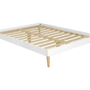 Lit 2 places avec pieds 140x190 cm bois massif blanc en tissu respirant