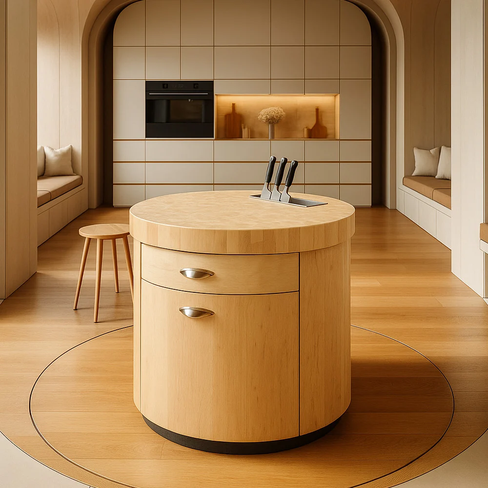 Meuble billot design rond sur pied pour poste de travail réglable