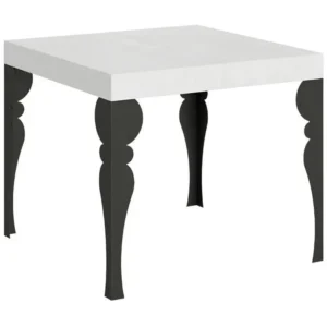 Petite table carrée 90-90cm extensible 10 personnes 90 à 246cm blanc et pieds gris noir Kalane