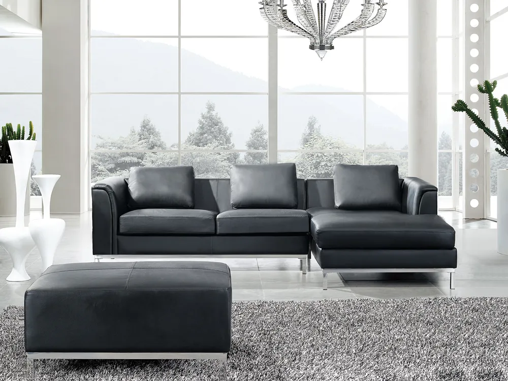 Pouf en cuir noir OSLO avec revêtement anti-rayures