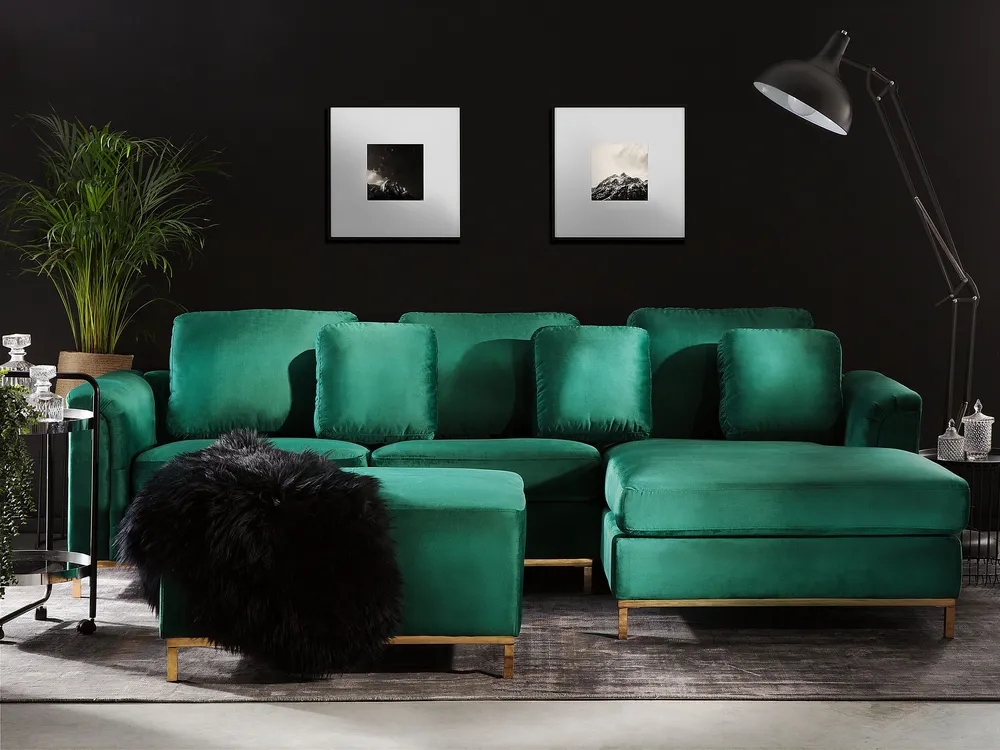 Pouf en velours vert OSLO avec 4 patins en caoutchouc