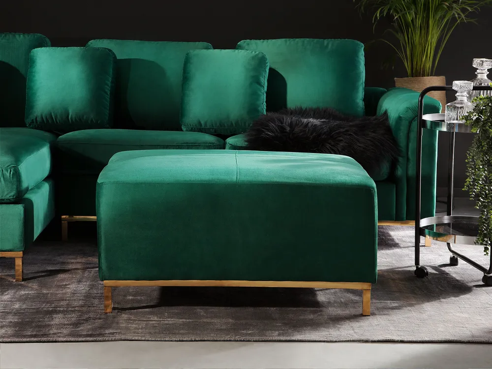 Pouf en velours vert OSLO avec 4 patins en caoutchouc