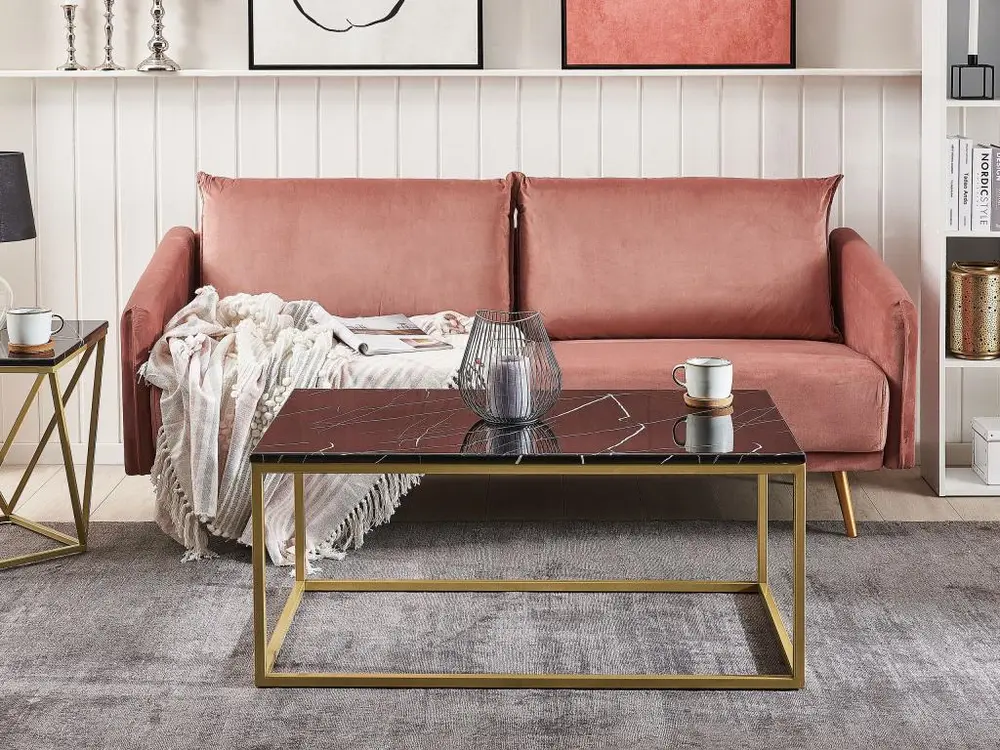 Équipement de Bureau Ergonomique Table basse effet marbre noir avec pieds dorés DELANO