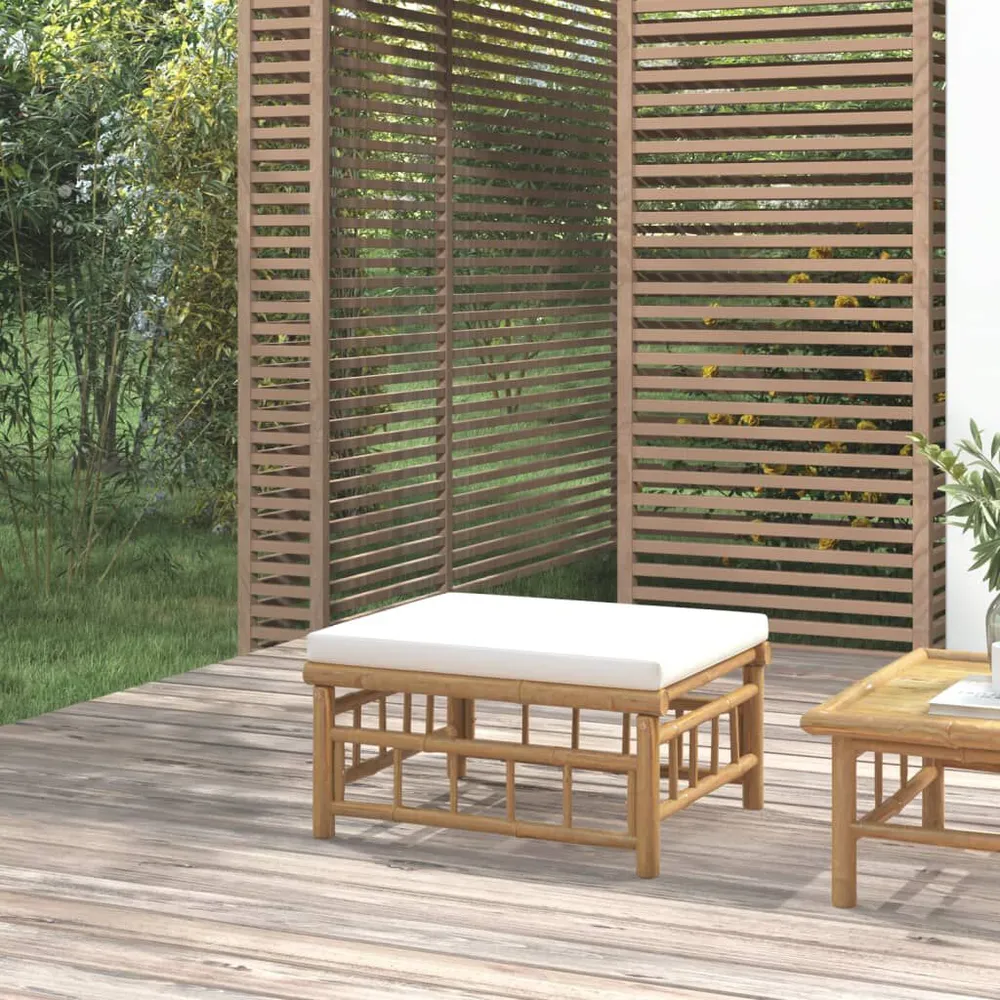 Repose-pieds de jardin avec coussin blanc crème bambou - Conforme aux Normes de Sécurité