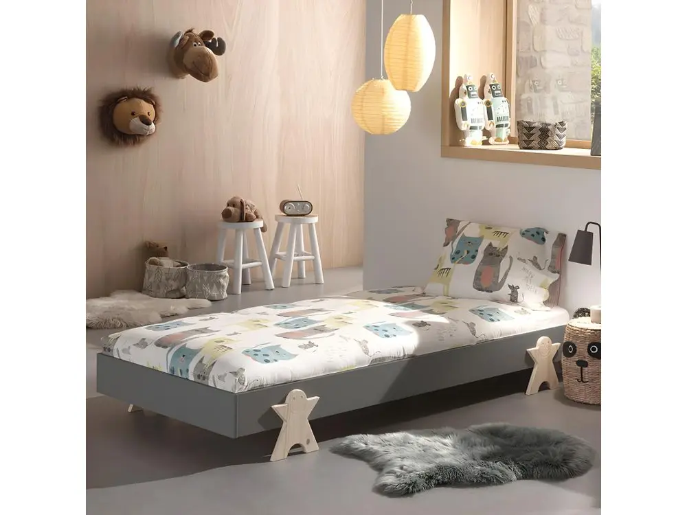 STAPEL - Lit Empilable 90x200cm Gris Pieds Smiley pour un espace de travail ordonné