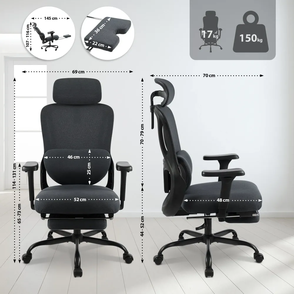 Support réglable pour Fauteuil de bureau ergonomique pivotant accoudoirs multifonctions repose-pieds extensible en tissu e...