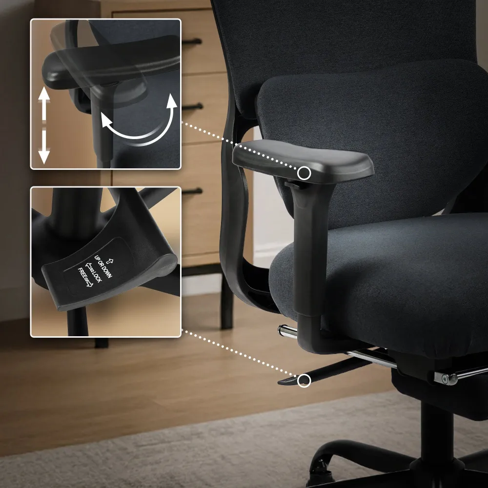 Support réglable pour Fauteuil de bureau ergonomique pivotant accoudoirs multifonctions repose-pieds extensible en tissu e...