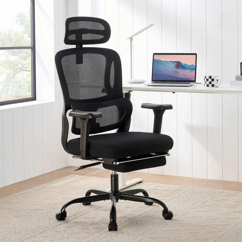 Système de suspension Fauteuil de bureau ergonomique pivotant repose-pieds extensible appui-tête réglable tissu et métal n...