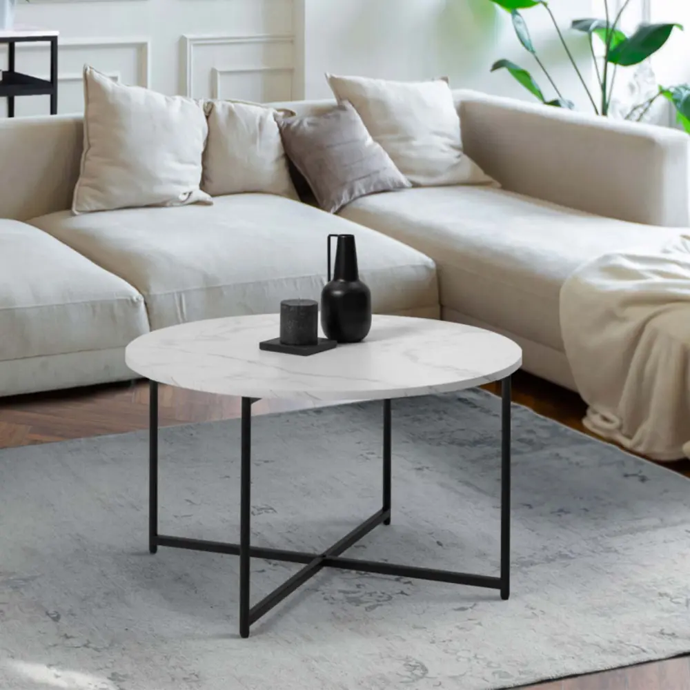 Système de suspension Table basse alaska ronde 70 cm effet marbre et pied métal noir