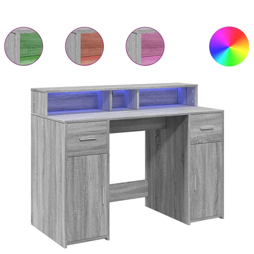 Bureau table poste de travail meuble d'ordinateur informatique étude et lumières LED sonoma 120 x 55 x 91cm bois ingénieri...