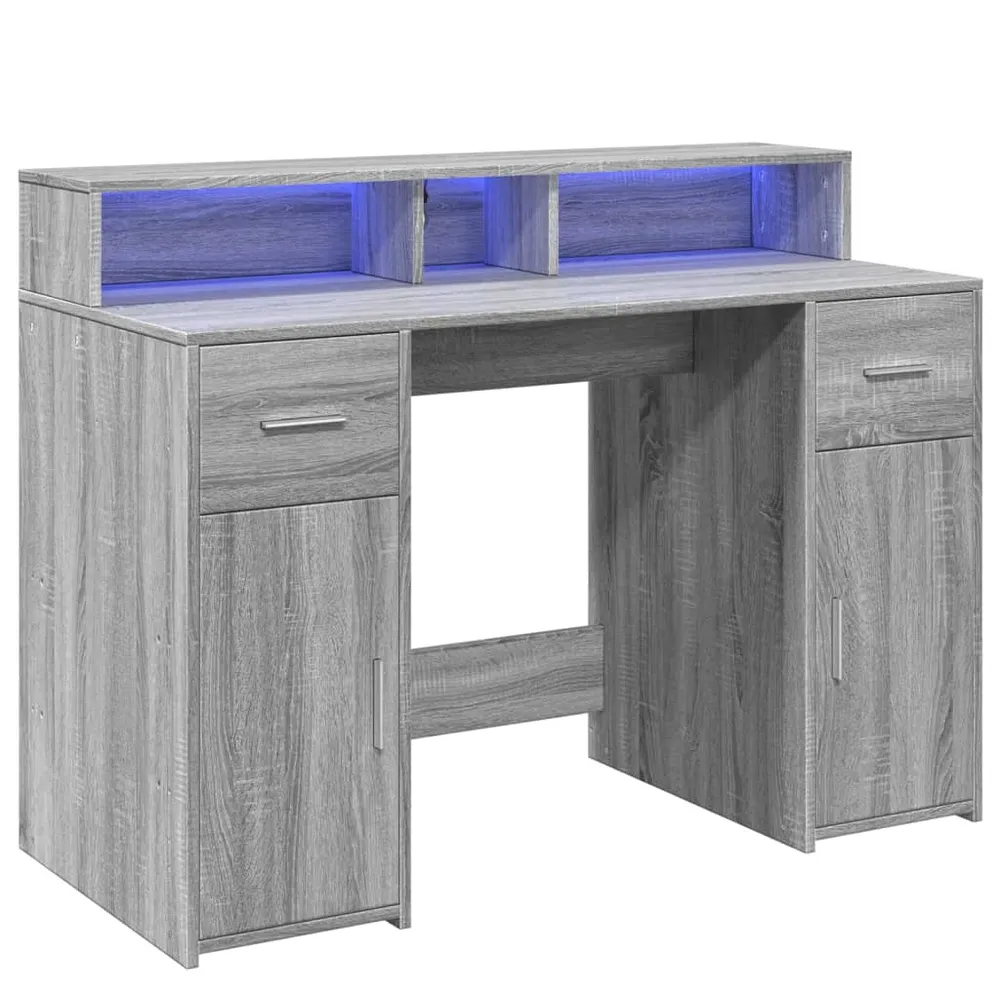Bureau table poste de travail meuble d'ordinateur informatique étude et lumières LED sonoma 120 x 55 x 91cm bois ingénieri...