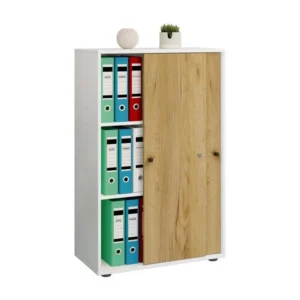 Armoire de bureau en bois VCM Armoire à dossiers Meuble de bureau Armoire Lona 3 portes coulissantes (blanc / chêne miel)...