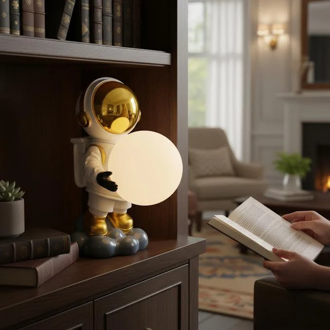 Astronaut Holding Moon Desk Lamp Blanc pur