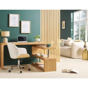 Chaise de bureau à roulettes design blanc, bois net et acier chromé SANDRO