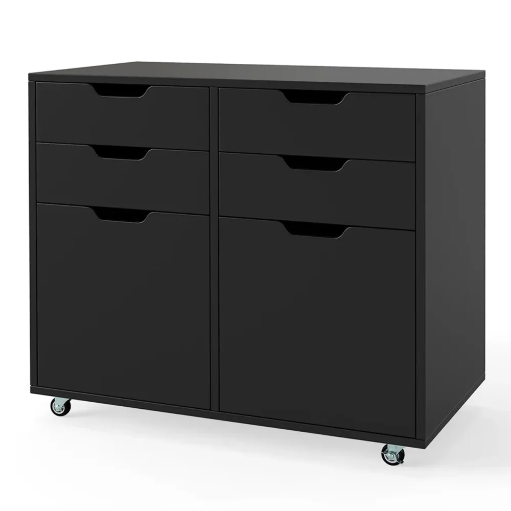 Commode à 4 tiroirs et 2 portes 73 x 40 x 64,5 cm mobile avec roulettes design novateur en MDF noir 20_0011558