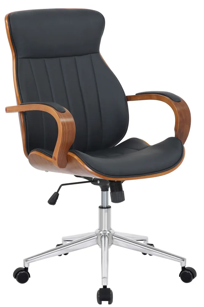 Fauteuil de bureau avec roulettes synthétique noir et bois noyer hauteur réglable BUR10461 avec système de clipsage