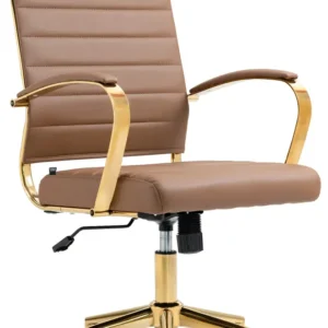 Fauteuil de bureau sur roulettes avec dossier à coutures horizontales PVC marron manifeste et cadre métal doré 10_0006923