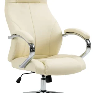 Fauteuil de bureau sur roulettes dossier ergonomique en S appui-tête en cuir véritable crème et métal 10_0006995 avec syst...