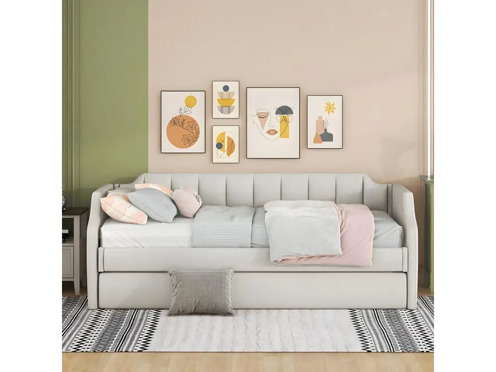 Lit adulte 90 x 200/190 cm - avec lit à roulettes Crème - Sweiko compatible avec la plupart des bureaux