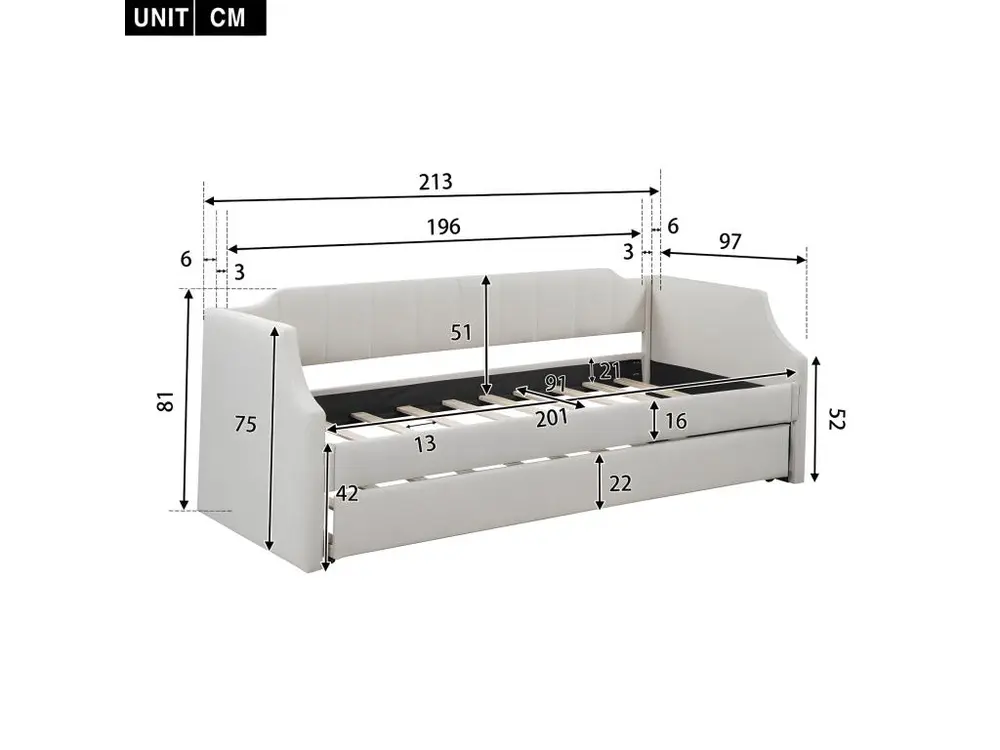Lit adulte 90 x 200/190 cm - avec lit à roulettes Crème - Sweiko compatible avec la plupart des bureaux