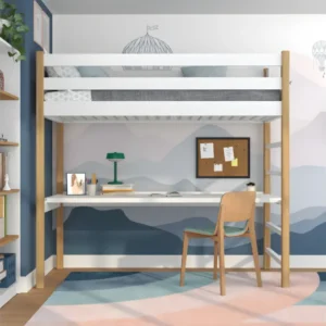Lit mezzanine en bois - avec bureau N01 Blanc / Chêne Naturel 100x190 pour une organisation optimale