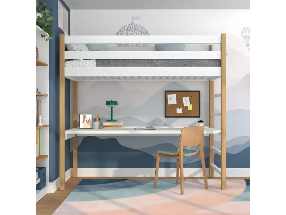 Lit mezzanine en bois - avec bureau N01 Blanc / Chêne Naturel 100x190 pour une organisation optimale