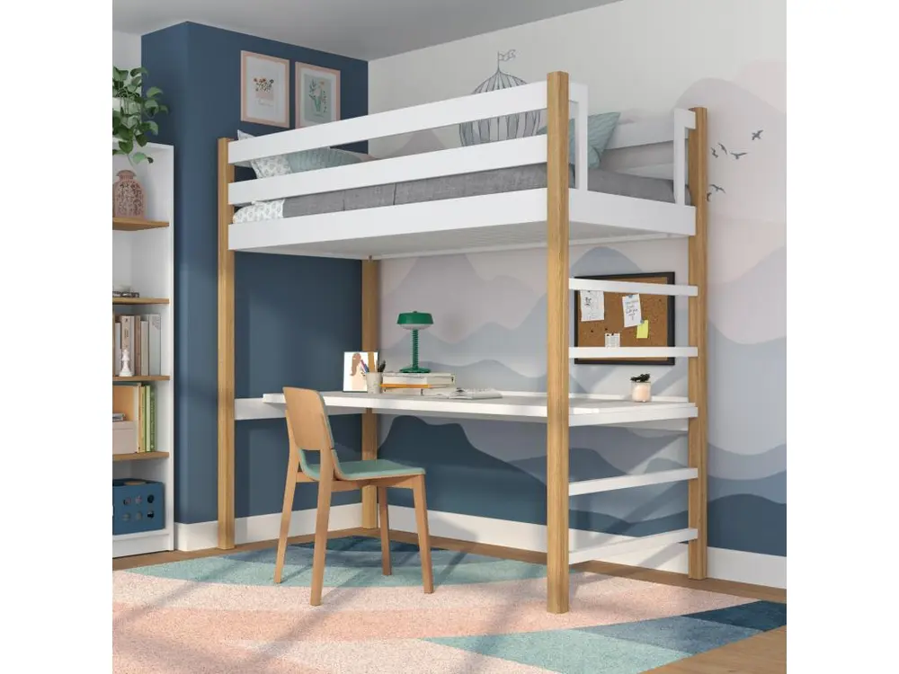 Lit mezzanine en bois - avec bureau N01 Blanc / Chêne Naturel 100x190 pour une organisation optimale