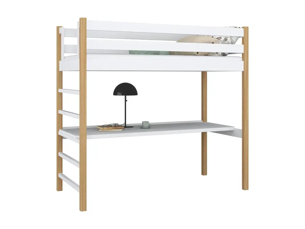 Lit mezzanine en bois - avec bureau N01 Blanc / Chêne Naturel 100x190 pour une organisation optimale
