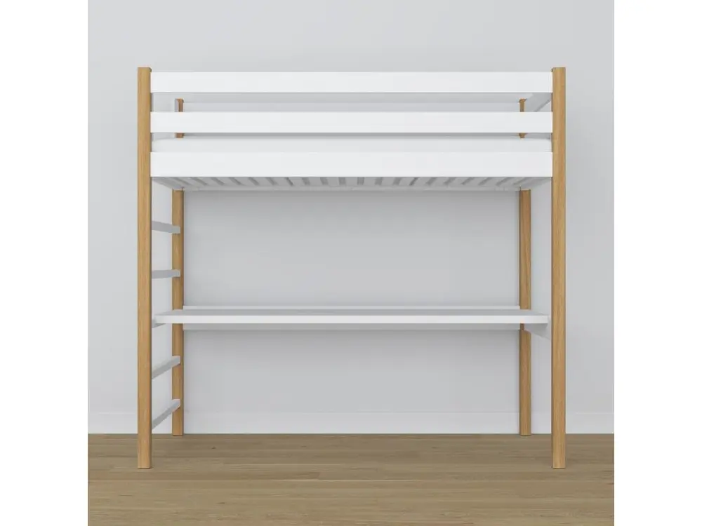 Lit mezzanine en bois - avec bureau N01 Blanc / Chêne Naturel 100x190 pour une organisation optimale