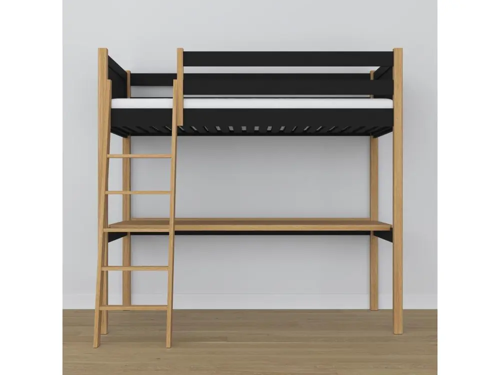 Lit mezzanine en bois - avec bureau N04 Noir / Chêne Naturel 90x190 (Lot de 4)