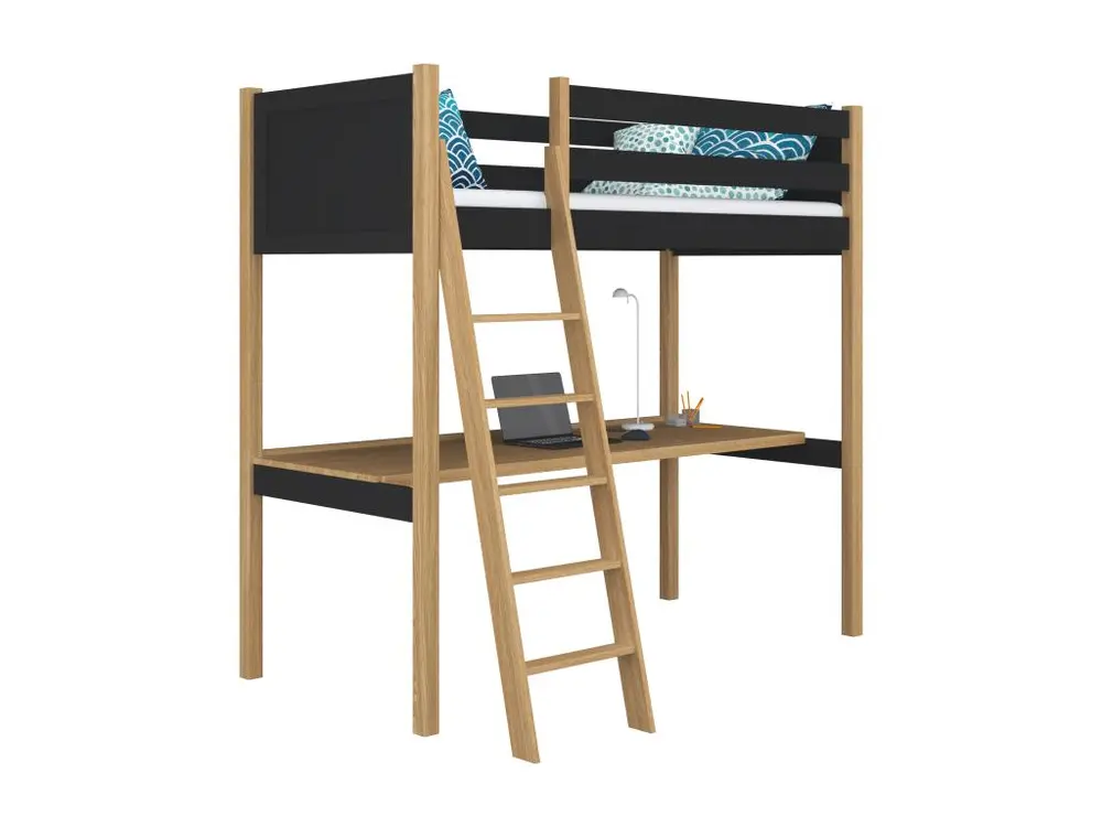 Lit mezzanine en bois - avec bureau N04 Noir / Chêne Naturel 90x190 (Lot de 4)