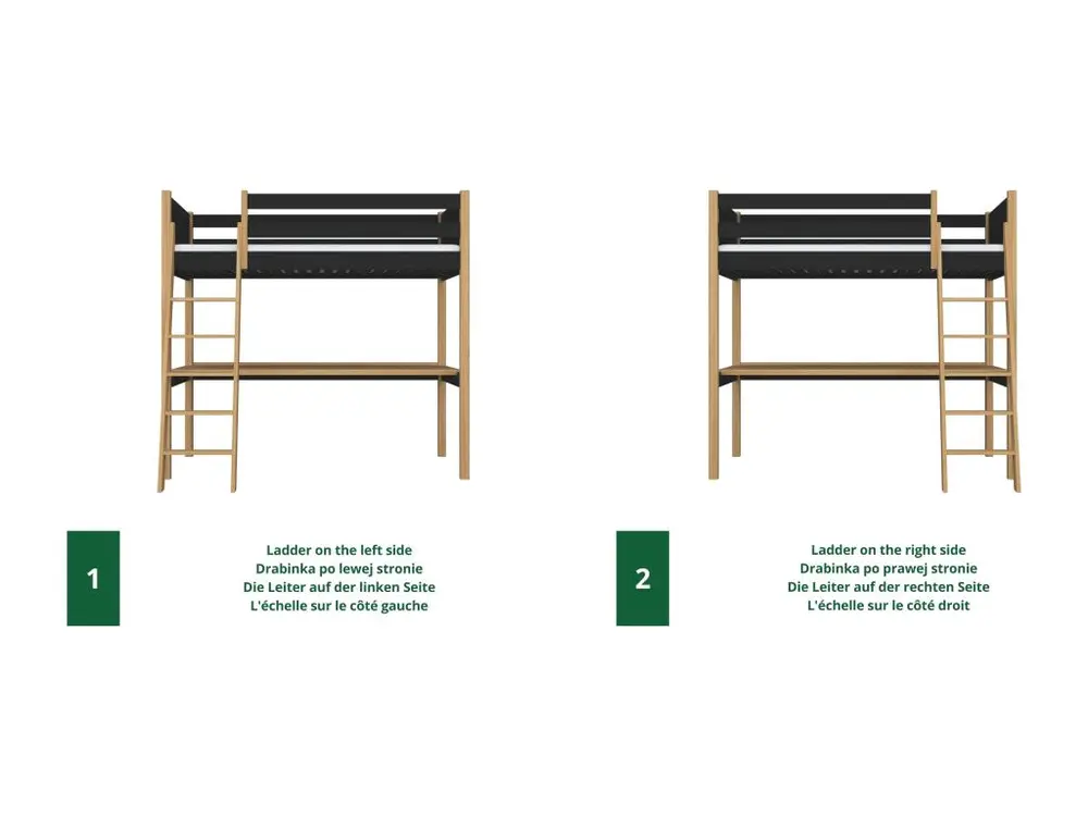Lit mezzanine en bois - avec bureau N04 Noir / Chêne Naturel 90x190 (Lot de 4)