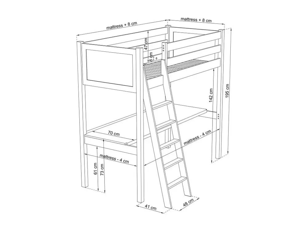 Lit mezzanine en bois - avec bureau N04 Noir / Chêne Naturel 90x190 (Lot de 4)